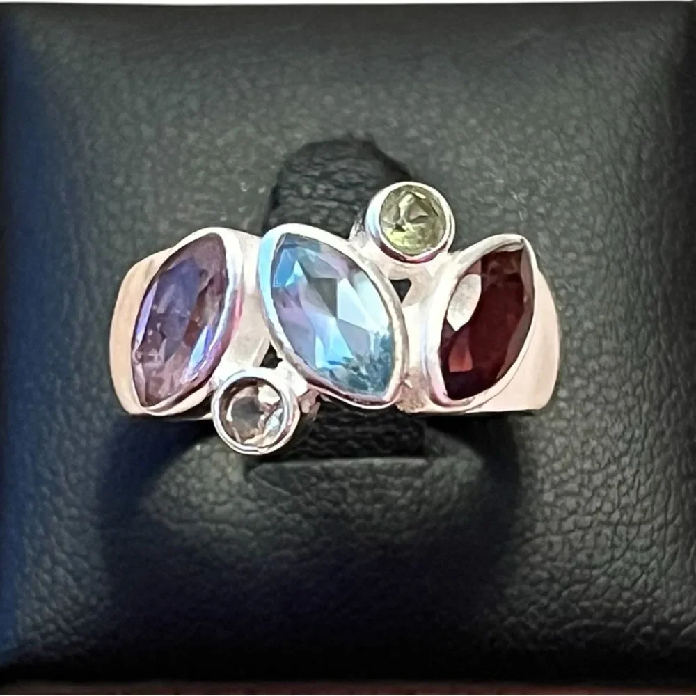 Amazing Blue Topaz Garnet Amethyst Peridot Citrine Sterling Silver Ring Size 7